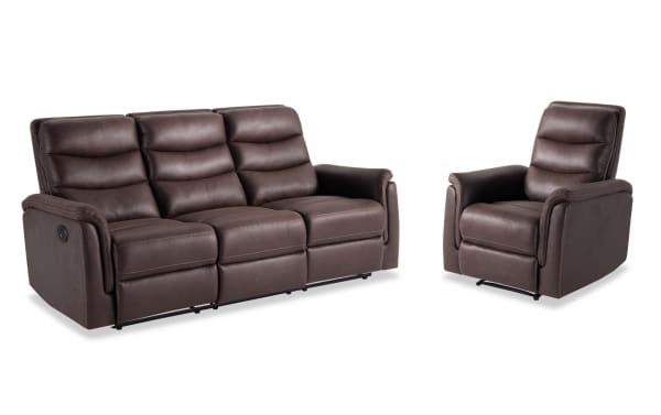 Forte Chocolate 82'' power reclining sofa and power gliding recliner in brown polyester fabric with padded arms, memory foam seating, USB port, and transitional style.