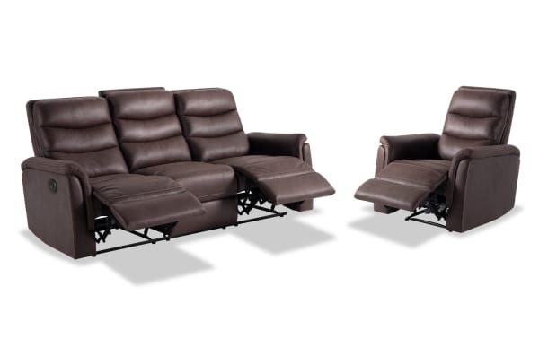 Forte Chocolate 82'' power reclining sofa and power gliding recliner in brown polyester fabric with padded arms, memory foam seating, USB port, and transitional style.