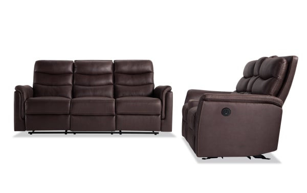 Forte Chocolate 82" power reclining sofa and 72" console loveseat in brown polyester fabric with padded arms, memory foam seating, USB port, and transitional style.
