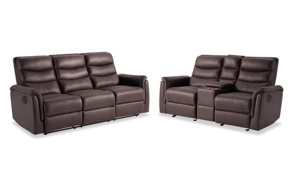 Forte Chocolate 82" power reclining sofa and 72" console loveseat in brown polyester fabric with padded arms, memory foam seating, USB port, and storage.