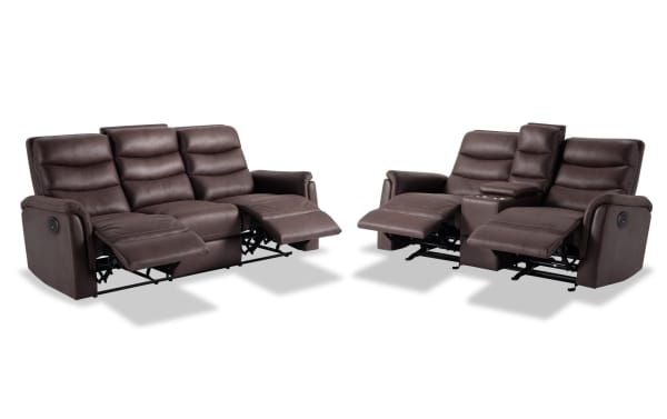 Forte Chocolate 82'' power reclining sofa and 72'' console loveseat in brown polyester fabric with padded arms, memory foam seating, USB port, and storage.