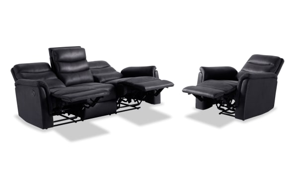 Forte 82'' charcoal gray transitional power reclining sofa and gliding power recliner set in breathable polyester fabric with padded arms, memory foam seating, USB port, and contrasting stitch design.