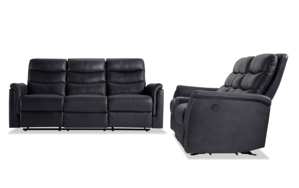 Forte Charcoal 82" power reclining sofa and 72" console loveseat set in gray polyester fabric with padded arms, memory foam seating, USB port, and storage.
