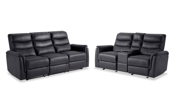 Forte Charcoal 82" power reclining sofa and 72" console loveseat in gray polyester fabric with memory foam, USB port, and padded arms.