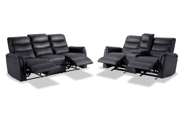 Forte Charcoal 82" power reclining sofa and 72" console loveseat in gray polyester fabric with padded arms, memory foam seating, USB port, and transitional style.