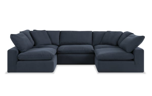 Dream Navy 183" 5 Piece Modular Sectional in navy blue fabric with 3 armless chairs, 2 corners, oversized reversible cushions, and transitional style.