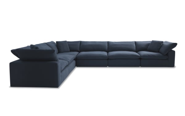 Dream Navy 174" 6 Piece Modular Sectional in navy blue fabric with three armless chairs, three corners, oversized reversible cushions, and transitional style.