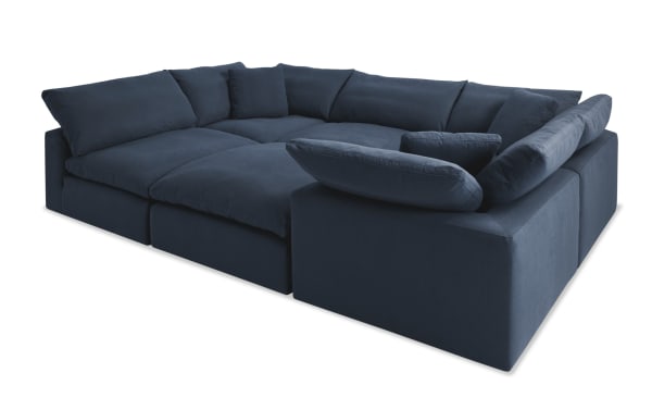 Dream Navy 131'' 6 Piece Modular Sectional in navy blue fabric with 3 corners, 2 armless chairs, 1 ottoman, polyester-nylon blend, transitional style.