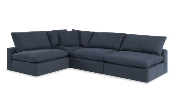 Dream Navy 173'' 4 Piece Modular Sectional with 3 armless chairs and 1 corner, navy blue polyester fabric, transitional style, reversible oversized cushions with feather blend topper.