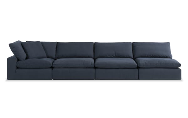 Dream Navy 173" 4 Piece Modular Sectional with 3 armless chairs and 1 corner, navy blue polyester fabric, transitional style, reversible oversized cushions with feather blend topper.