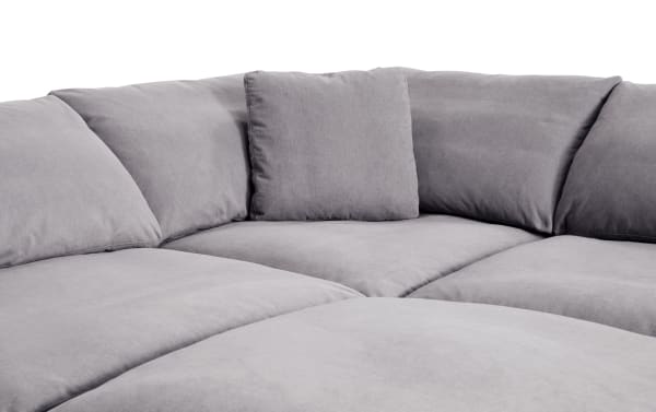 Dream Gray 131'' 6 Piece Modular Sectional in gray polyester fabric with oversized reversible cushions, transitional style, and modular design for customizable living room seating.