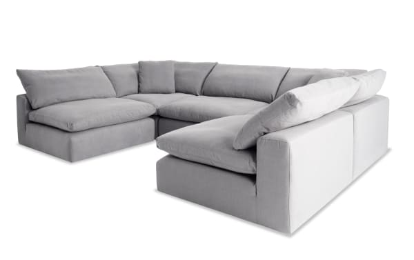 Dream Gray 183'' 5 Piece Modular Sectional in gray fabric, transitional style with reversible oversized cushions, 3 armless chairs, 2 corners, polyester upholstery.