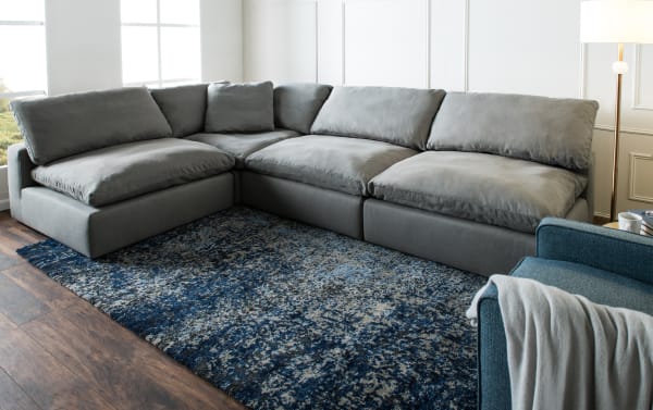 Dream Gray 183" 5 Piece Modular Sectional in gray fabric with oversized reversible cushions, 3 armless chairs, 2 corners, transitional style.
