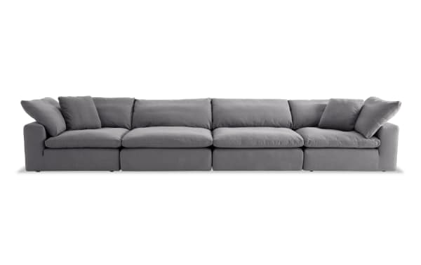 Dream Gray 174" 4 Piece Modular Sofa with 2 Corners and 2 Armless Chairs, transitional style in gray polyester-nylon fabric, reversible oversized cushions with feather blend topper, customizable sectional or single row configuration.