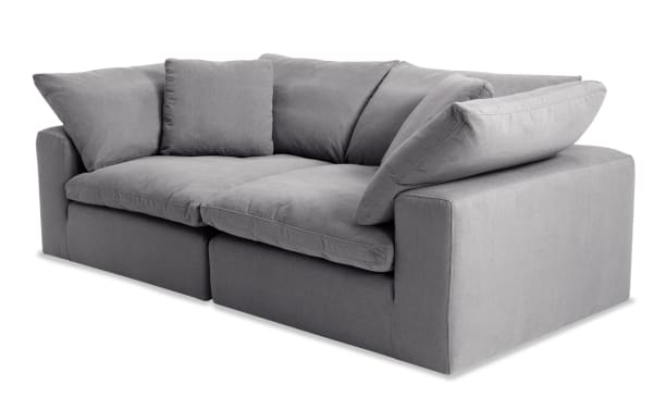 Dream Gray 88'' 2 Piece Modular Loveseat with 2 Corners in gray polyester fabric, transitional style, reversible oversized cushions, and accent pillows.