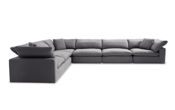 Dream Gray 174'' 6 Piece Modular Sectional in gray polyester fabric with 3 armless chairs, 3 corners, reversible oversized cushions, and accent pillows in a transitional style.