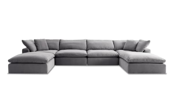Dream Gray 174'' 6 Piece Modular Sectional in gray fabric with 2 armless chairs, 2 corners, 2 ottomans, oversized reversible cushions, and transitional style.