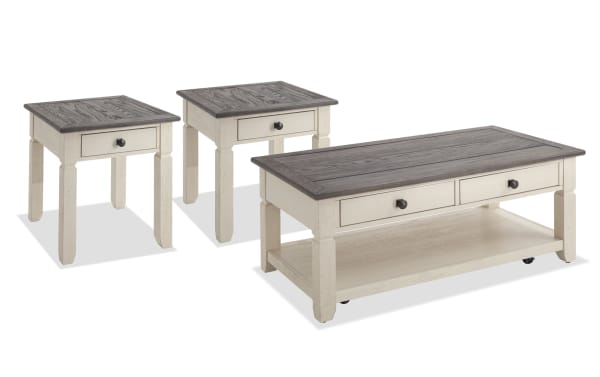 Laurel White & Brown Storage Coffee & 2 End Table Set with cottage style, MDF, rubberwood, acacia veneers, distressed tops, dark hardware, storage drawers, and casters.