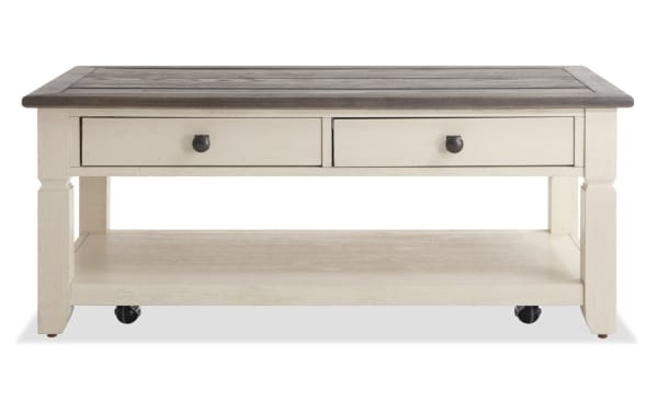 Rustic Laurel White & Brown Storage Coffee Table with two drawers, bottom shelf, MDF and rubberwood solids, distressed two-tone finish