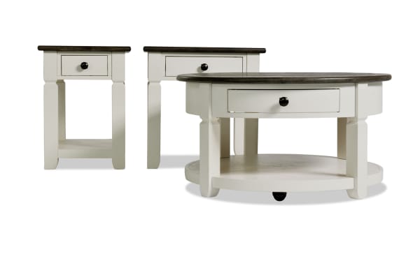 Farmhouse-style Laurel Entertainment & Occasional coffee, end, and chairside table set in white MDF with brown distressed rounded tops and storage drawers.