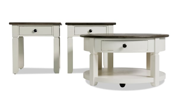 Laurel White & Brown Round Storage Coffee and 2 End Table Set in farmhouse style, MDF wood with two-tone distressed tops and black hardware, featuring storage drawers.