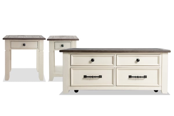 Laurel Entertainment & Occasional two-tone white and brown cottage-style coffee table set with lift-top storage, drawers, casters, MDF, rubberwood, and acacia veneers.