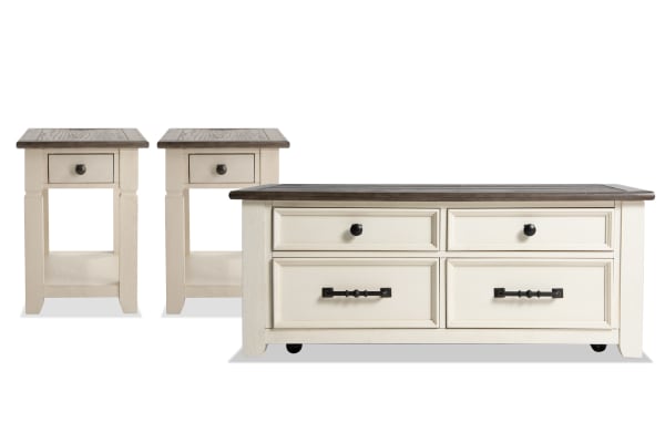 Laurel Entertainment & Occasional cottage-style lift-top coffee table and two chairside tables set in white and brown MDF, rubberwood, and acacia veneers with distressed tops, dark hardware, storage drawers, power outlets, USB ports, and casters for easy mobility.
