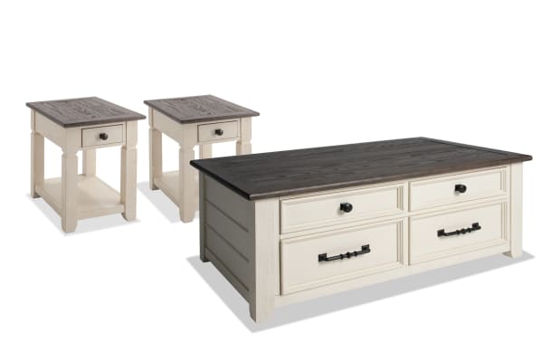 Laurel White & Brown Lift-Top Storage Coffee Table and 2 Chairside Tables set in cottage style, MDF, rubberwood, acacia veneers, with distressed tops, dark hardware, storage drawers, power outlets, USB ports, and casters for easy mobility.