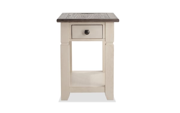 Laurel White & Brown Lift-Top Chairside Table from Laurel Entertainment & Occasional collection, cottage style, MDF and rubberwood with distressed two-tone finish, black knob, and lower shelf for storage.