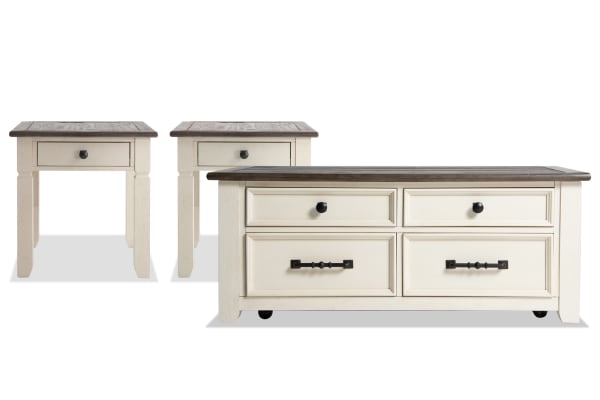 Laurel White & Brown Lift-Top Storage Coffee Table and 2 End Tables set, cottage style with MDF, rubberwood, acacia veneer, distressed tops, dark hardware, and casters.
