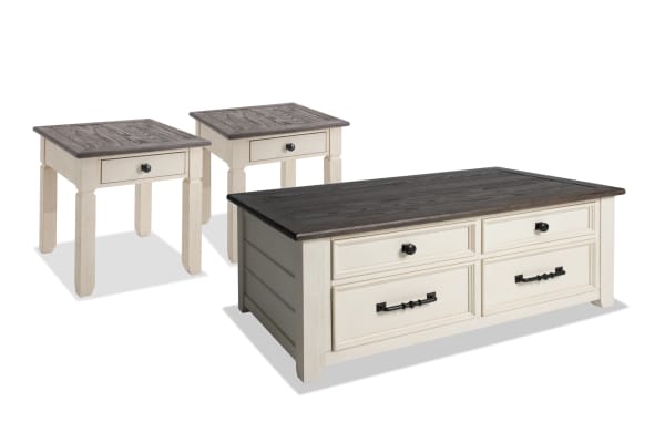 Laurel White & Brown Lift-Top Storage Coffee & 2 End Table Set in cottage style, featuring MDF, rubberwood, acacia veneers, distressed two-tone finish, dark hardware, storage drawers, and casters for easy mobility.