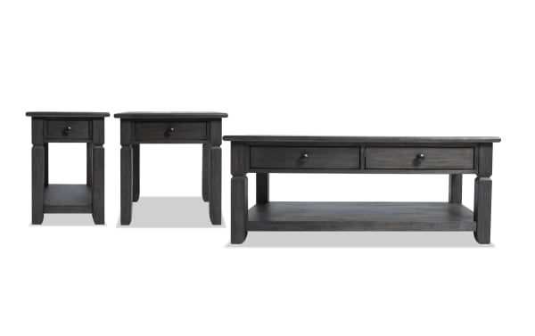 Rustic Laurel Charcoal Storage Coffee Table Set with End and Chairside Tables, featuring distressed MDF, rubberwood, acacia veneers, drawers, and shelves for storage.