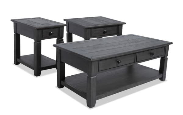 Rustic Laurel Charcoal Storage Coffee Table Set from Laurel Entertainment & Occasional collection, featuring distressed MDF, rubberwood, acacia veneers, includes coffee table with two drawers and lower shelf, plus end and chairside tables each with a drawer for versatile storage.