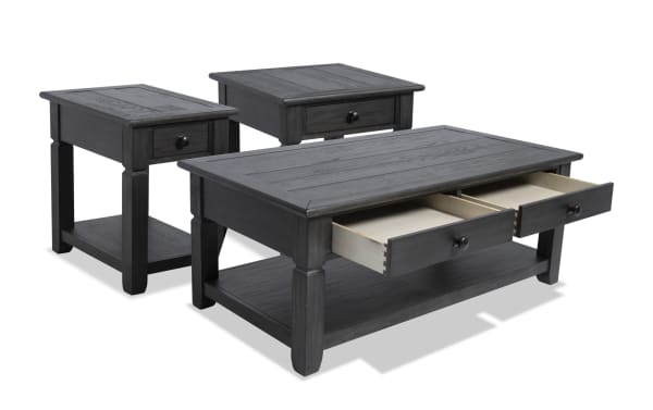 Rustic Laurel Charcoal Storage Coffee Table Set with End and Chairside Tables, MDF, Rubberwood, Acacia Veneers, distressed charcoal finish, drawers, and lower shelves for storage.