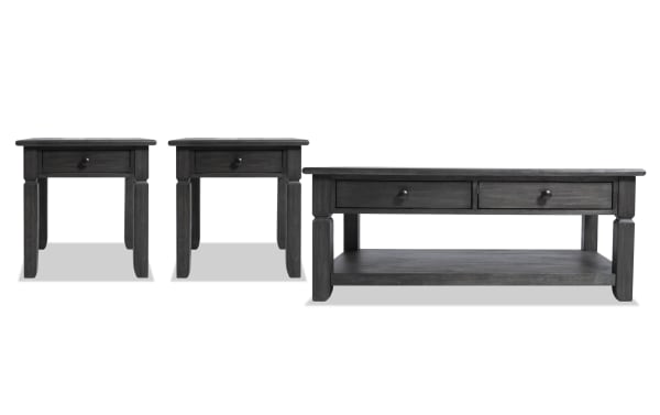 Rustic Laurel Charcoal Storage Coffee & 2 End Table Set with distressed charcoal finish, MDF, rubberwood, acacia veneers, drawers, and lower shelf for storage.