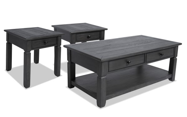 Rustic Laurel Charcoal Storage Coffee & 2 End Table Set with distressed charcoal finish, MDF, rubberwood, acacia veneers, drawers, and lower shelf for storage.