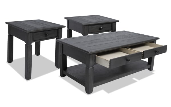 Rustic Laurel Charcoal Storage Coffee & 2 End Table Set with distressed finish, MDF, rubberwood, acacia veneers, featuring drawers and lower shelf for storage.