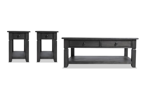 Laurel Charcoal Storage Coffee & 2 Chairside Table Set in rustic style with distressed charcoal finish, MDF, rubberwood, acacia veneers, featuring drawers and lower shelves for storage.