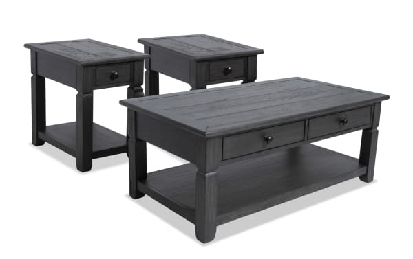 Rustic Laurel Charcoal Storage Coffee & 2 Chairside Table Set with distressed finish, MDF, rubberwood, acacia veneers, drawers, and lower shelves for storage.