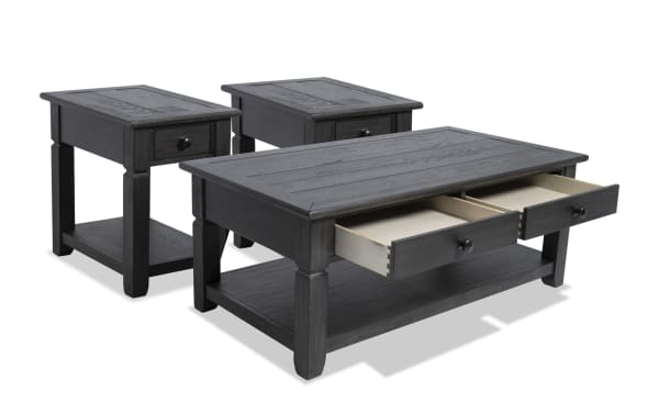Rustic Laurel Charcoal Storage Coffee & 2 Chairside Table Set with distressed MDF, rubberwood, acacia veneers, featuring drawers and lower shelves for storage.