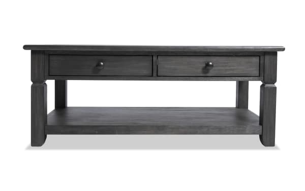 Rustic Laurel Charcoal Storage Coffee Table from Laurel Entertainment & Occasional collection, featuring MDF, rubberwood, acacia veneers, two drawers, and a lower shelf for organized living.