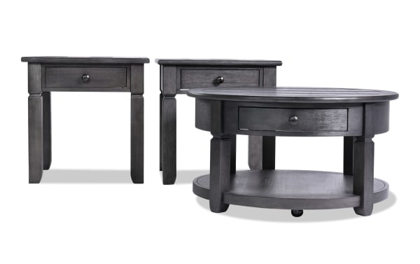 Laurel 3 Piece Charcoal Round Storage Coffee & 2 End Table Set in farmhouse style, MDF wood with charcoal finish, rounded tops, dark hardware, and storage drawers.