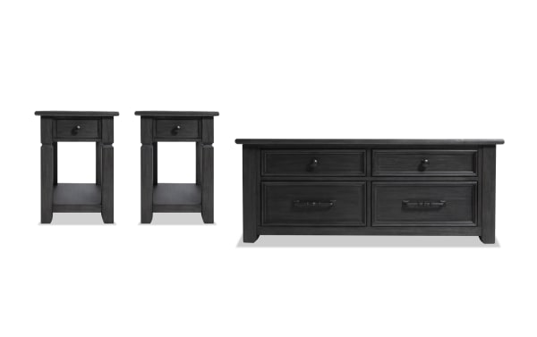 Rustic Laurel Charcoal Lift-Top Storage Coffee Table with two matching chairside tables, made of MDF, rubberwood, and acacia veneers with distressed charcoal finish.
