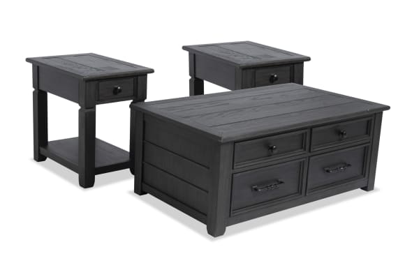 Rustic Laurel Charcoal Lift-Top Storage Coffee Table and 2 Chairside Tables set in distressed charcoal finish, MDF, rubberwood, acacia veneers, with lift-top storage and drawers for organization.