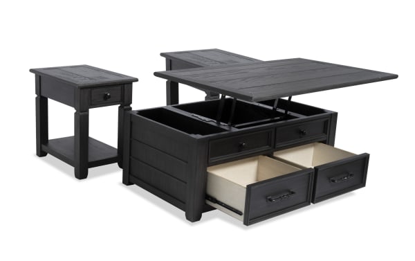 Rustic Laurel Charcoal Lift-Top Storage Coffee Table and 2 Chairside Tables set in distressed charcoal finish, MDF and rubberwood with drawers and lift-top storage for organized living.