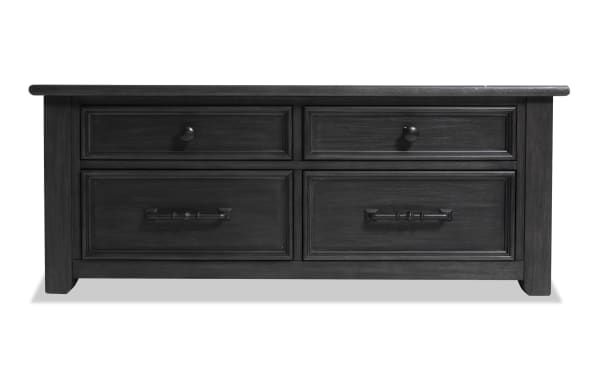 Rustic Laurel Charcoal lift-top coffee table with distressed finish, MDF and rubberwood solids, featuring storage drawers from Laurel Entertainment & Occasional collection.