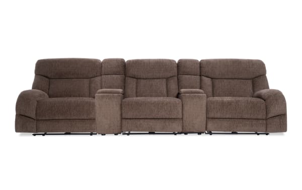 Everest Chocolate 145'' Power Reclining Sofa with Power Headrest in brown polyester fabric, transitional style, featuring plush cushioning and integrated power controls.