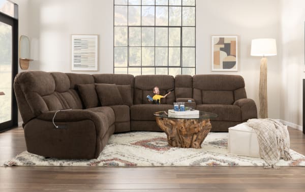 Everest Chocolate 145'' Power Reclining Sofa with Power Headrest in brown polyester fabric, transitional style sectional with plush cushioning, USB ports, and storage console.