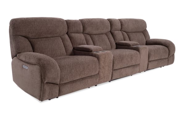 Everest Chocolate 145'' power reclining sofa with power headrest, chocolate brown polyester fabric, transitional style, USB charging ports, and plush memory foam cushioning.