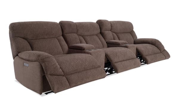 Everest Chocolate 145'' power reclining sofa with power headrest in brown polyester fabric. Transitional style, plush cushioned seats, USB charging ports, and storage consoles.